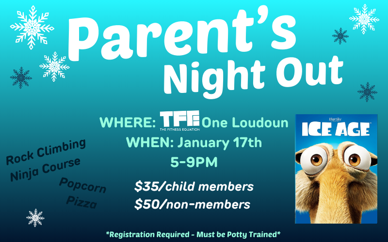 Parent’s Night Out event at The Fitness Equation One Loudoun with supervised kids activities, games, and a movie night 