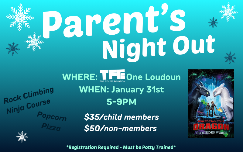 Parent’s Night Out event at The Fitness Equation One Loudoun with supervised kids activities, games, and a movie night 