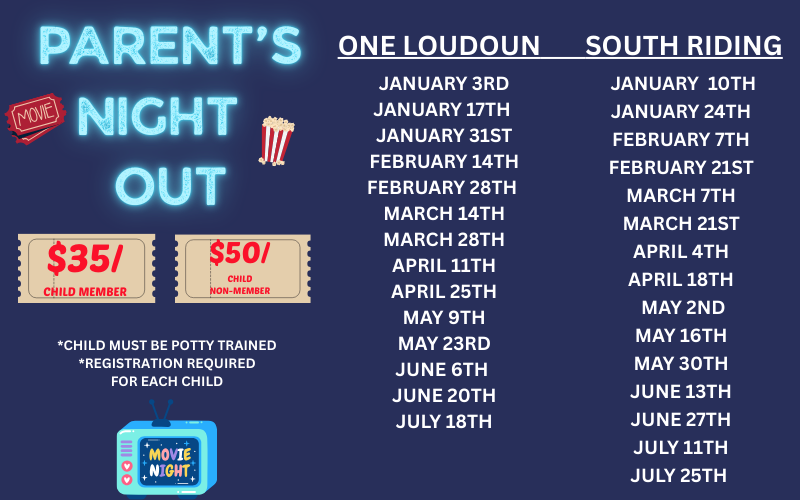Parent’s Night Out event at The Fitness Equation South Riding and One Loudoun offering supervised kids activities while parents enjoy a night out 