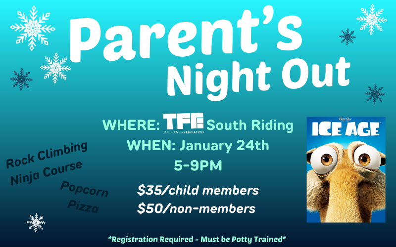 Parent’s Night Out event at The Fitness Equation South Riding with supervised kids activities, games, and a movie night 