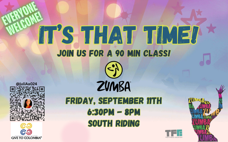 90-minute Zumba class at The Fitness Equation South Riding on Friday, September 11, benefiting Give to Colombia.