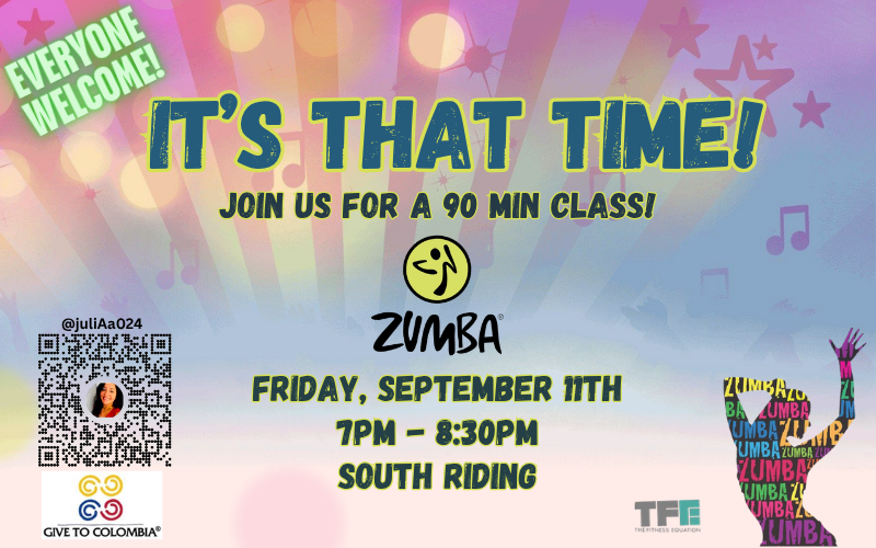 90-minute Zumba class at The Fitness Equation South Riding on Friday, September 11, benefiting Give to Colombia. 